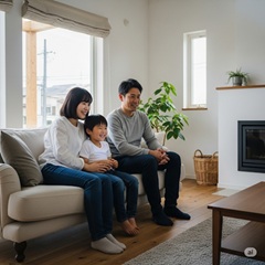 親子3人でアニメ映画を観ている画像