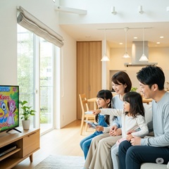 両親と娘２人でアニメ映画を観ている画像