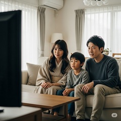 両親と長男３人でアニメ映画を観ている画像