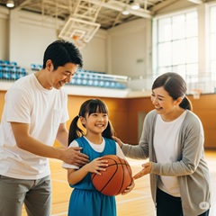 両親にバスケットボールを褒められて喜んでいる女の子の画像
