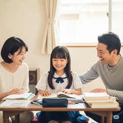 両親に勉強を褒められて喜んでいる女の子の画像