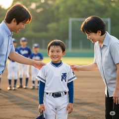 両親に野球を褒められて喜んでいる男の子の画像