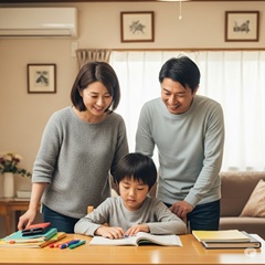 両親に勉強を褒められて喜んでいる男の子の画像
