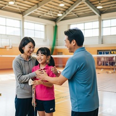 両親にバトミントンを褒められて喜んでいる女の子の画像