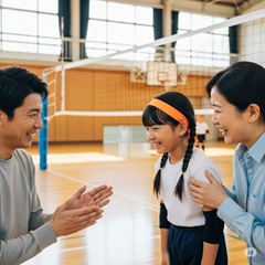両親にバレーボールを褒められて喜んでいる女の子の画像