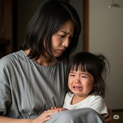 子供が泣き止まずストレスで参っている母親の画像