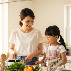 子供と一緒に料理をしている画像