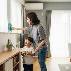 小学１年生の息子と一緒に片づけをしている画像