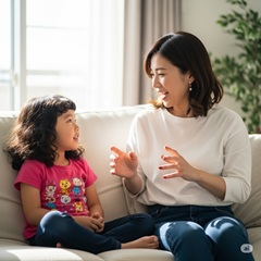 小学生の娘とおしゃべりしている画像