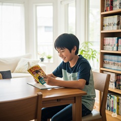 中学生の男の子が本を読んでいる画像