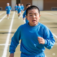 体育が苦手な小学生の男の子が走っている画像