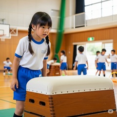 体育が苦手な小学生の女の子が跳び箱が出来ない画像