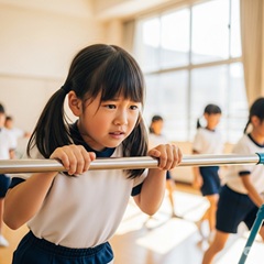 体育が苦手な小学生の女の子が鉄棒が出来なくて困っている画像