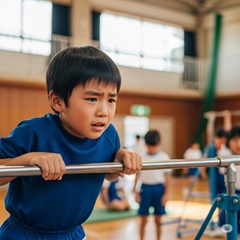 体育が苦手な小学生の男の子が鉄棒が出来なくて困っている画像