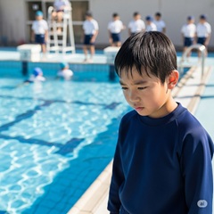 体育が苦手な小学生の男の子が水泳が苦手で困っている画像