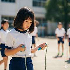 体育が苦手な小学生の女の子が縄跳びが苦手で困っている画像