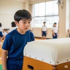 体育が苦手な小学生の男の子が跳び箱が苦手で困っている画像