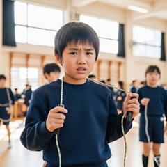 体育が苦手な小学生の男の子が縄跳びが苦手で困っている画像