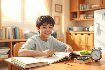 小学生がリビング学習をしている画像