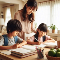 小学生の兄弟がリビング学習をしている画像