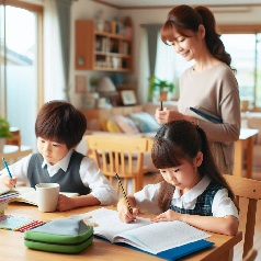 マンションのリビングで小学生がリビング学習をしている画像