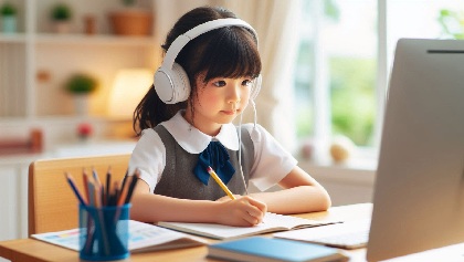 マンションのリビングで小学2年生がリビング学習をしている画像