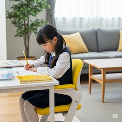 女の子が【moji】のYIPPYを使ってリビング学習をしている画像