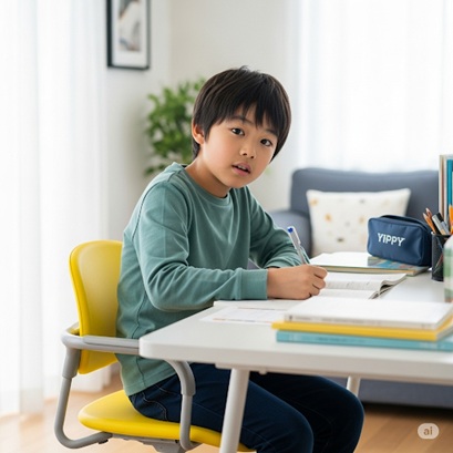 男子中学生が【moji】のYIPPYを使ってリビング学習をしている画像