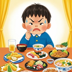 小学生の男の子が偏食をしているイラスト