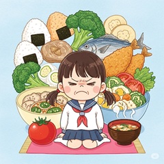 小学生の女の子が偏食をしているイラスト