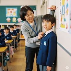 身長測定をしている男子小学生の画像