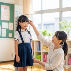 小学1年生が身長測定をしている画像