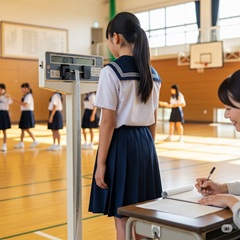 小学3年生が体重測定をしている画像