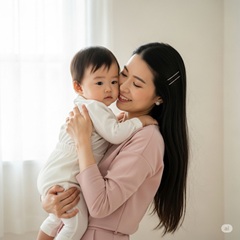 日本の1歳の子供を抱っこしている母親の画像