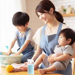子供と一緒に洗濯物をたたんでいる専業主婦の画像