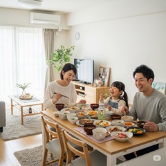家族３人で食事をしている画像
