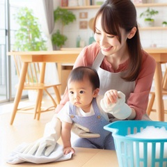 子供と一緒に掃除している専業主婦の画像