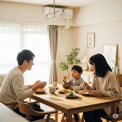 家族三人で楽しく食事をしている画像
