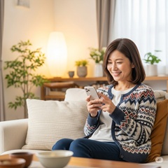 スマホを使ってマリッシュで再婚活をしている40歳の女性の画像