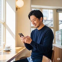スマホを使ってマリッシュで再婚活をしている40歳の男性の画像