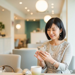 スマホを使って熟年婚活をしている50代の女性の画像