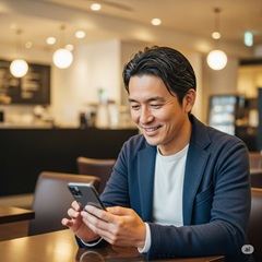 50代の男性がスマホを使って熟年婚活をしている画像
