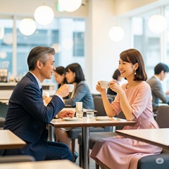 熟年婚でカフェデートをしている50代の男女の画像