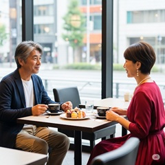 熟年婚でカフェデートをしている52歳同士の男女の画像