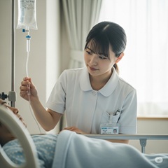 30歳の看護師が入院患者さんの点滴のチェックをしている画像