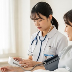 20歳の夜勤残業が多い看護師が患者さんの血圧を測っている画像