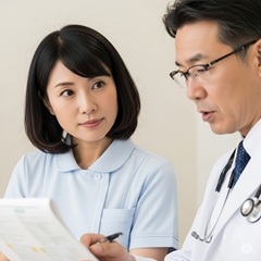 出会いの少ない45歳の看護師が医師の指示を聞いている画像