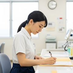 忙しい25歳の看護師が書類を書いている画像