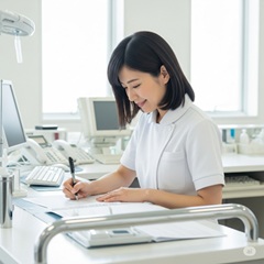 忙しい30歳の看護師が書類を書いている画像