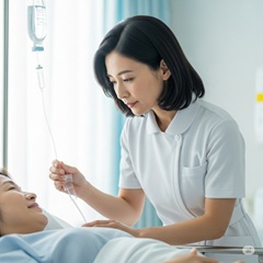 婚活に不利だと思っている40歳の看護師が点滴をチェックしている画像
